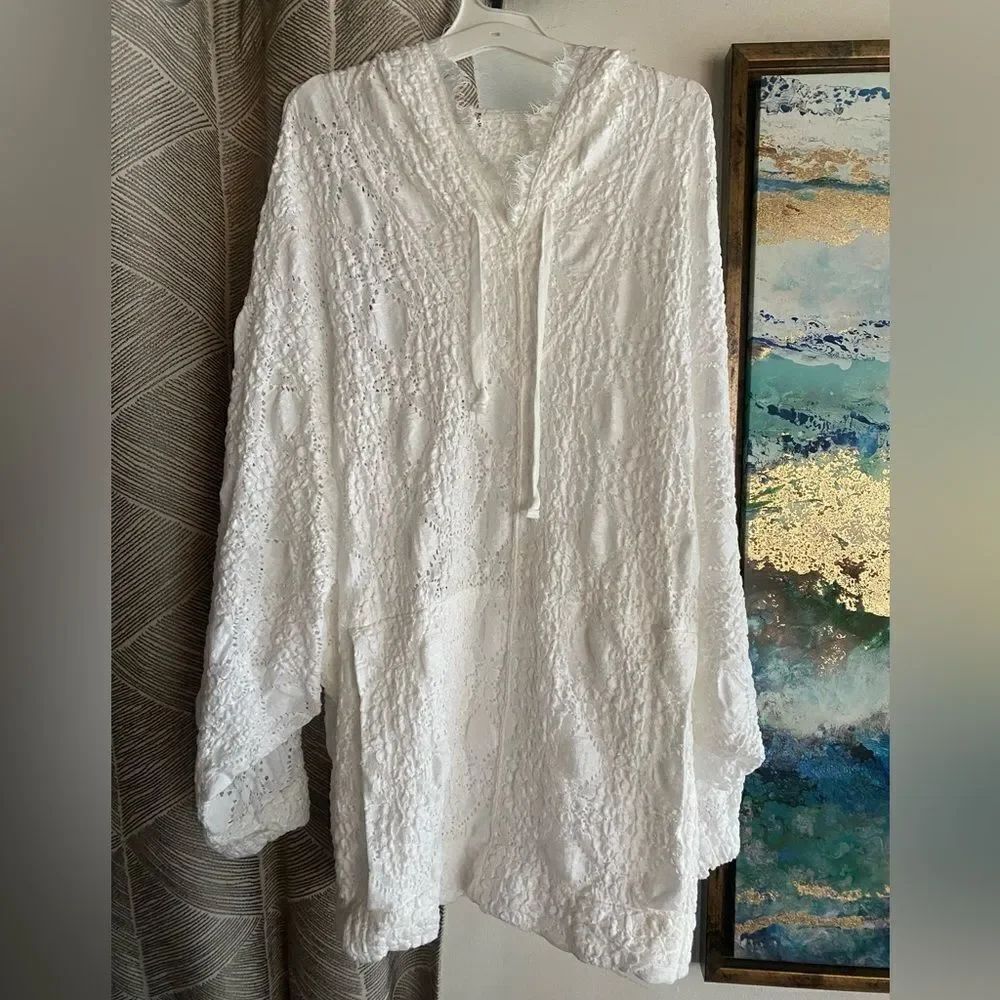 Free People Hoodie Womens XS White Lace Oversized Hoodie Long Sleeve Tunic NEW